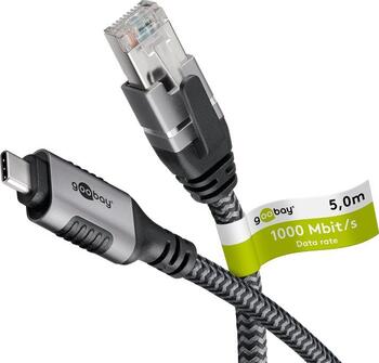 5m Ethernet-Kabel, USB-C 3.1 auf RJ45 Cat. 6 stecker/ stecker, goobay, schwarz