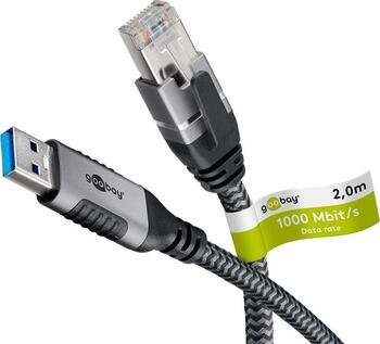 2m Ethernet-Kabel, USB-A 3.0 auf RJ45 Cat. 6 stecker/ stecker, goobay, schwarz