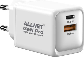ALLNET Ersatznetzteil QC USB-C PD GaN Netzteil Power Supply 45 Watt 1x USB Typ-A QC, 1x USB Typ-C EU PLUG