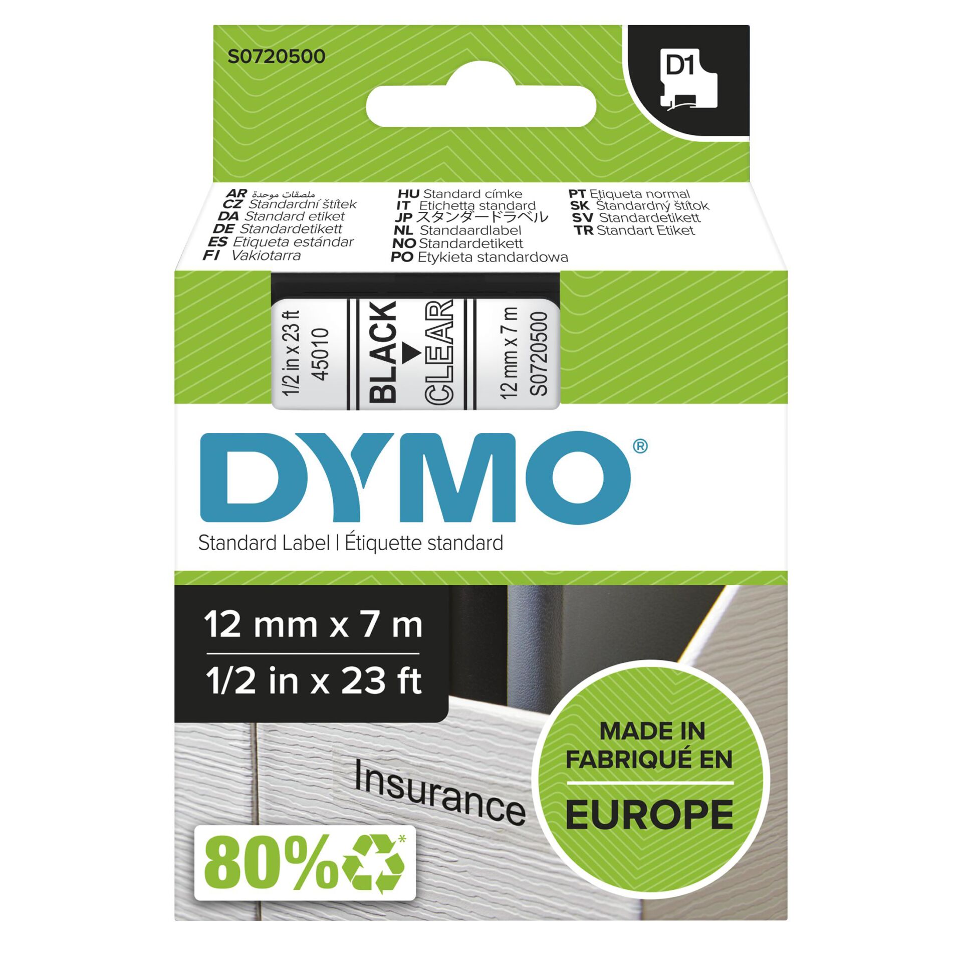 Dymo D1 12mm,Schriftband, schwarz/transparent 