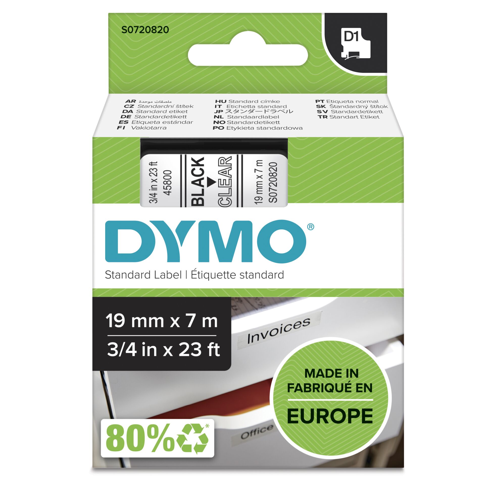 Dymo D1 19mm,Schriftband, schwarz/transparent 