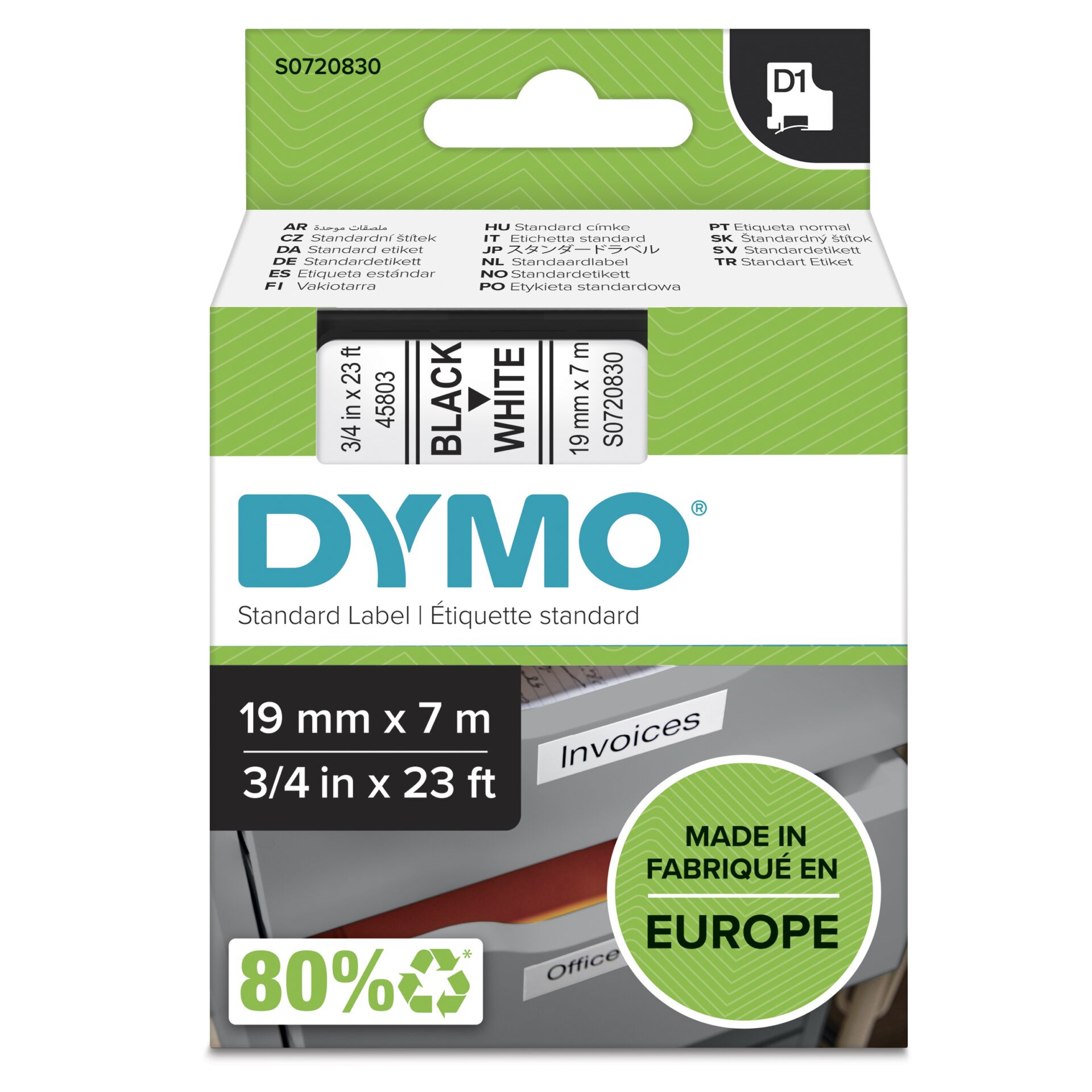 Dymo D1 Beschriftungsband 19mm/ 7m, schwarz/weiß 