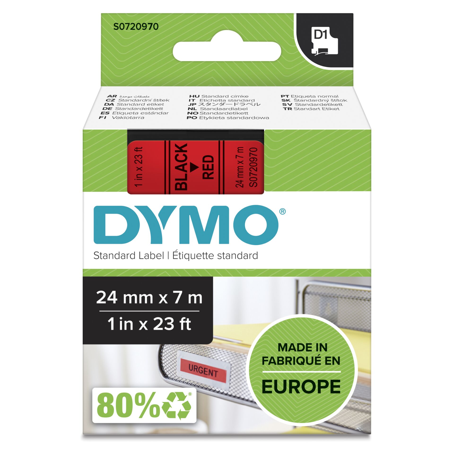 DYMO D1 - Standardetiketten - Schwarz auf Rot - 24mm x 7m