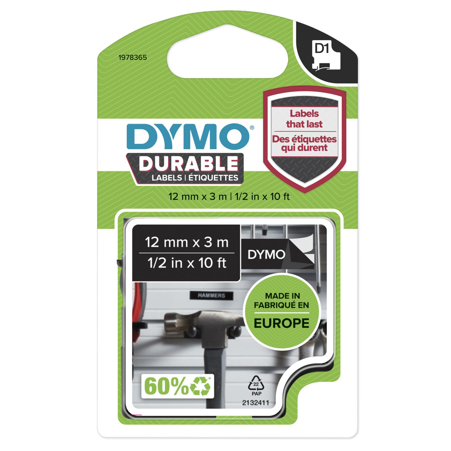 DYMO D1 - Hochleistungsetiketten - Weiß auf Schwarz - 12mm x 3m