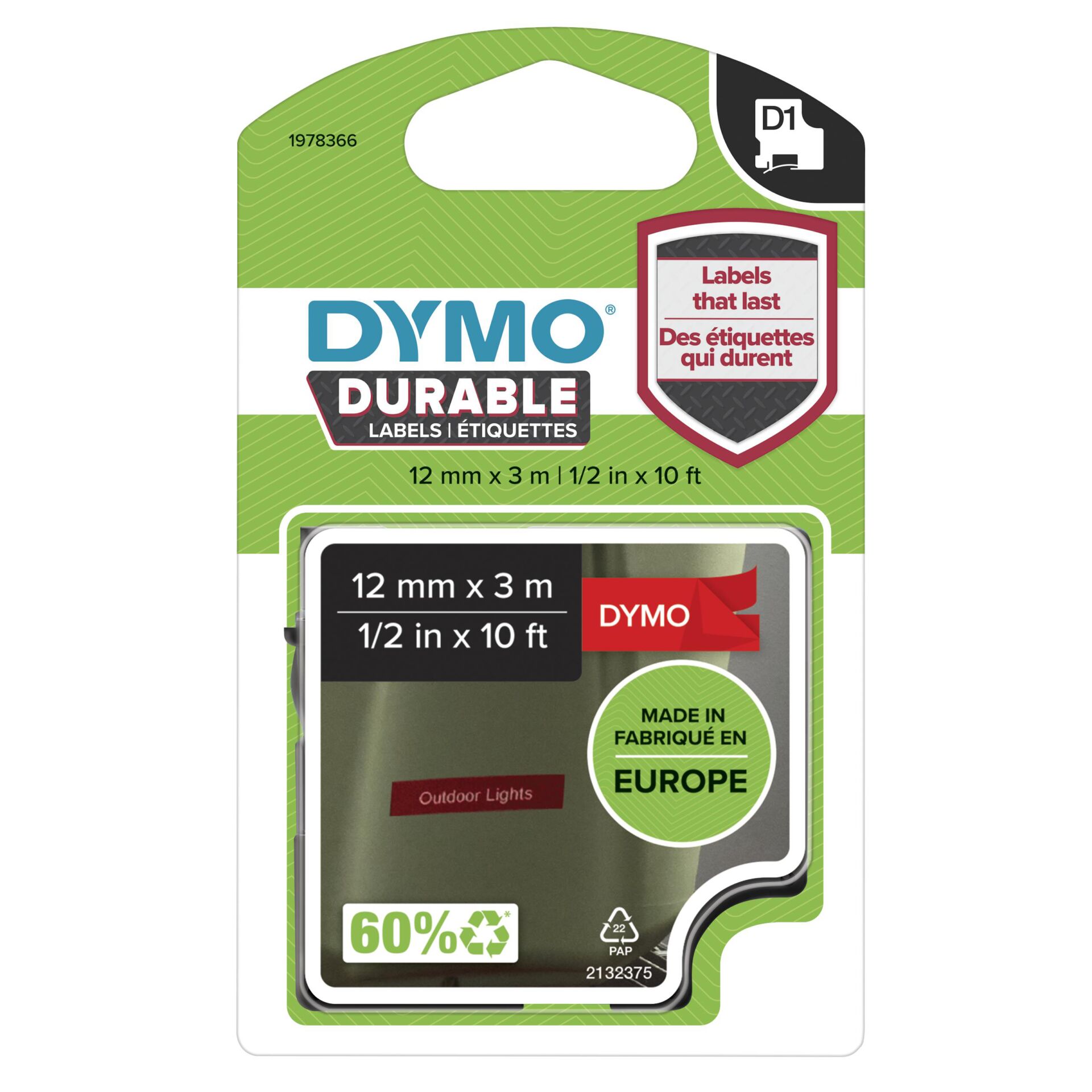 DYMO D1 - Hochleistungsetiketten - Weiß auf Rot - 12mm x 7m