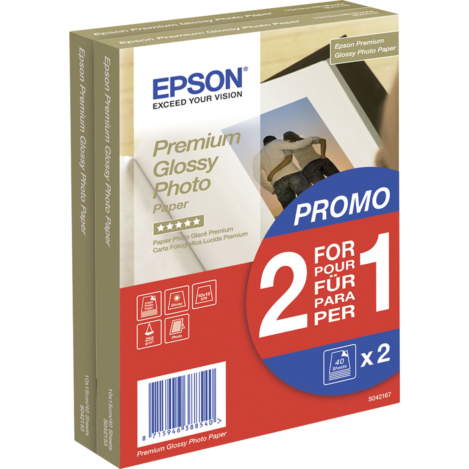 Epson S042167 Premium glänzend Fotopapier weiß, 10x15cm, 255g/m², 80 Blatt