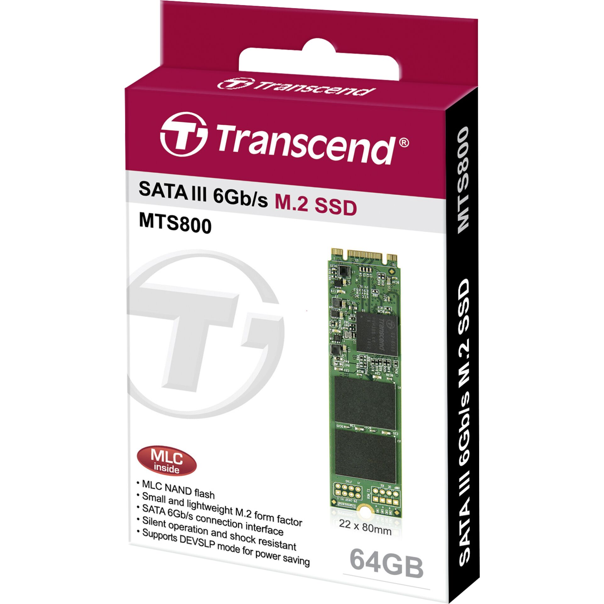 64 GB SSD Transcend MTS800S, M.2 6Gb/s  lesen: 560MB/s, schreiben: 100MB/s, TBW: 90TB