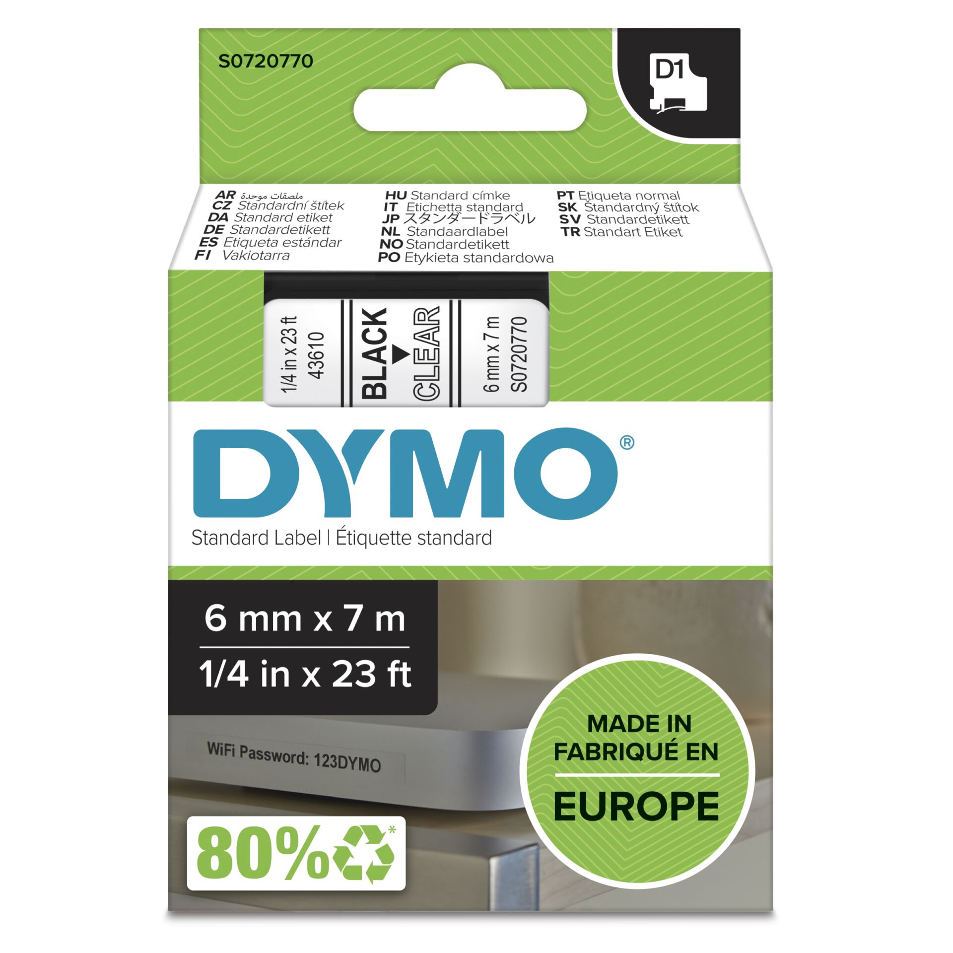 Dymo D1 6mm x 7m, Schwarz auf Transparent 