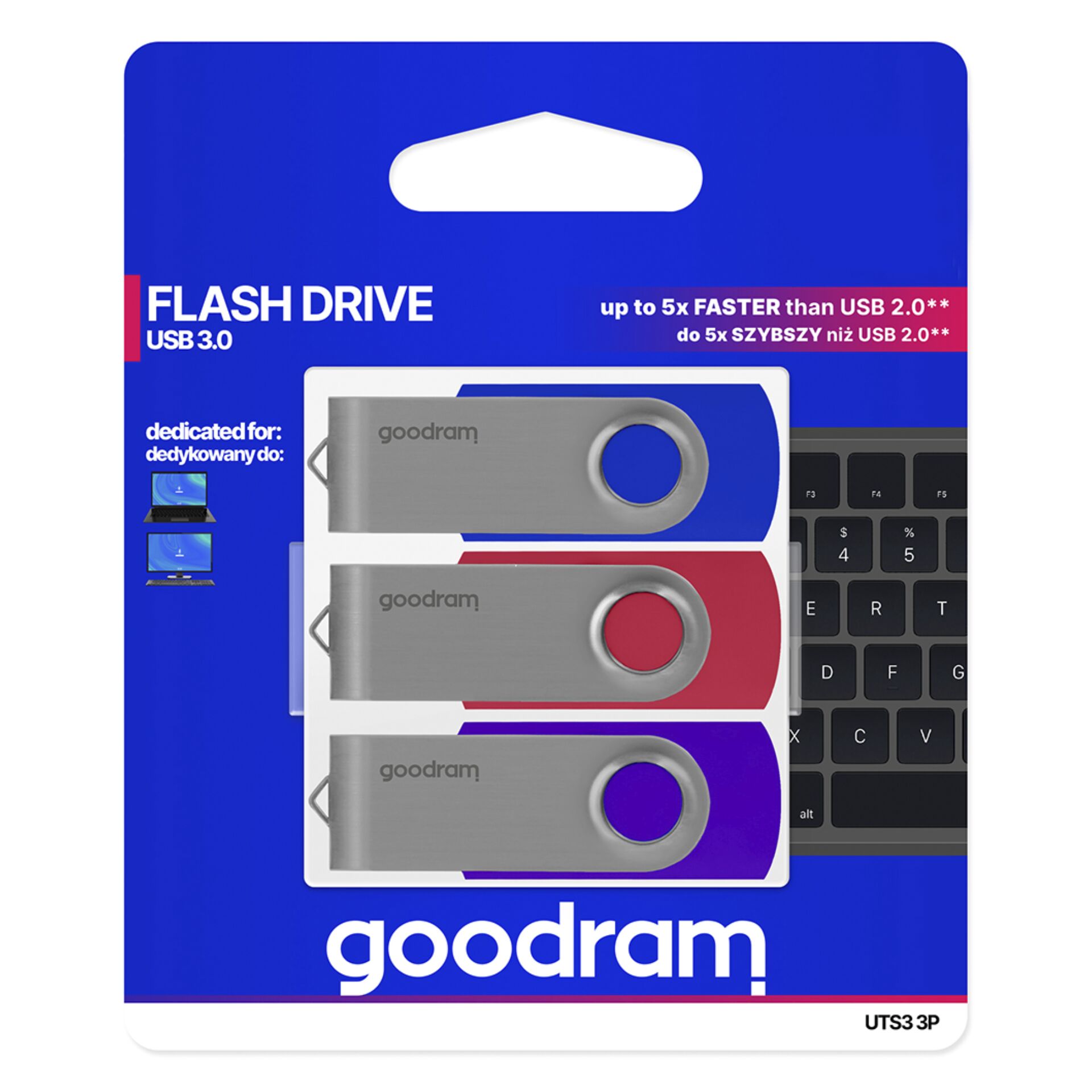 128 GB goodram UTS3 Mix blau/rot/violett USB-Stick, USB-A 3.0, lesen: 60MB/s, schreiben: 20MB/s