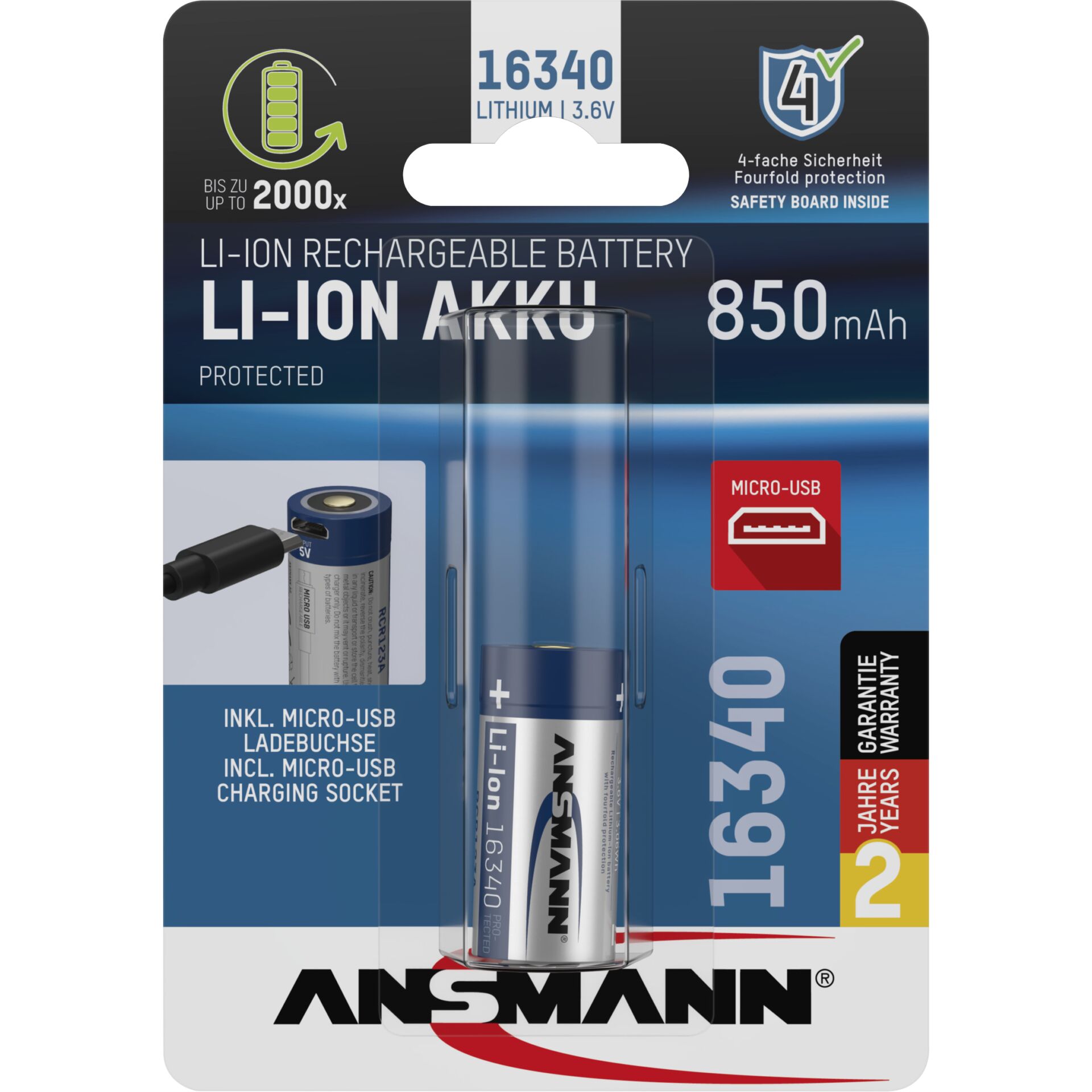 Ansmann RCR123A 16340 Li-Ion USB 850mAh