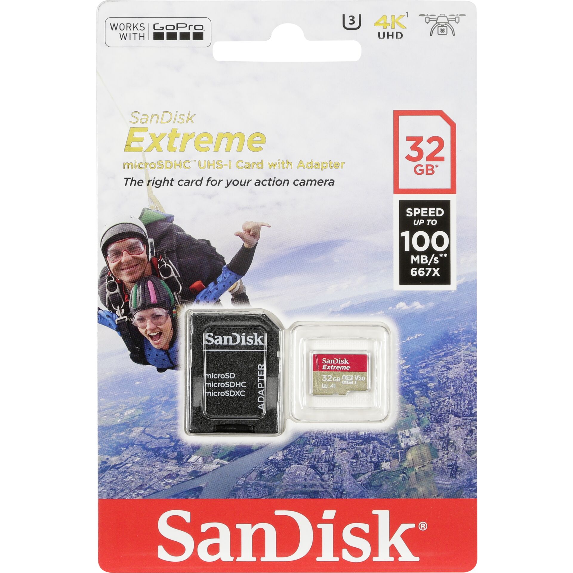 32GB SanDisk Extreme Kit Class10 microSDHC Speicherkarte lesen: 100MB/s inkl. SD-Adapter