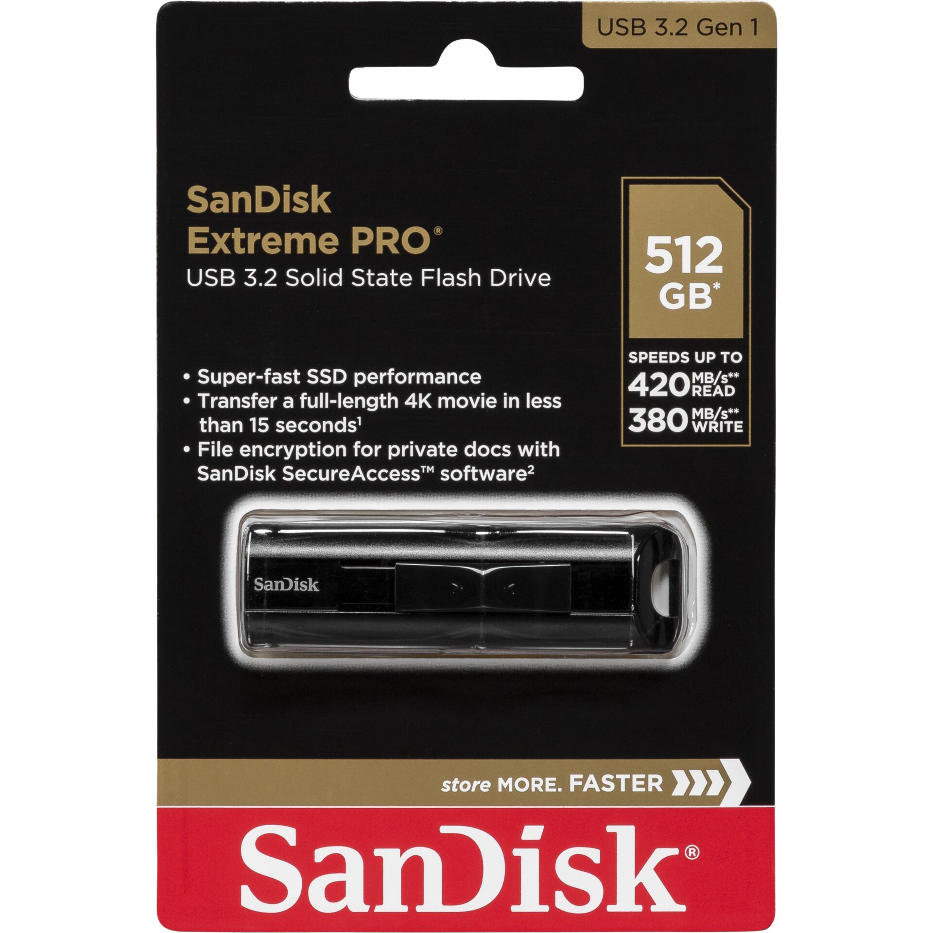 512 GB SanDisk Extreme PRO USB-Stick, USB-A 3.0, lesen: 420MB/s, schreiben: 380MB/s