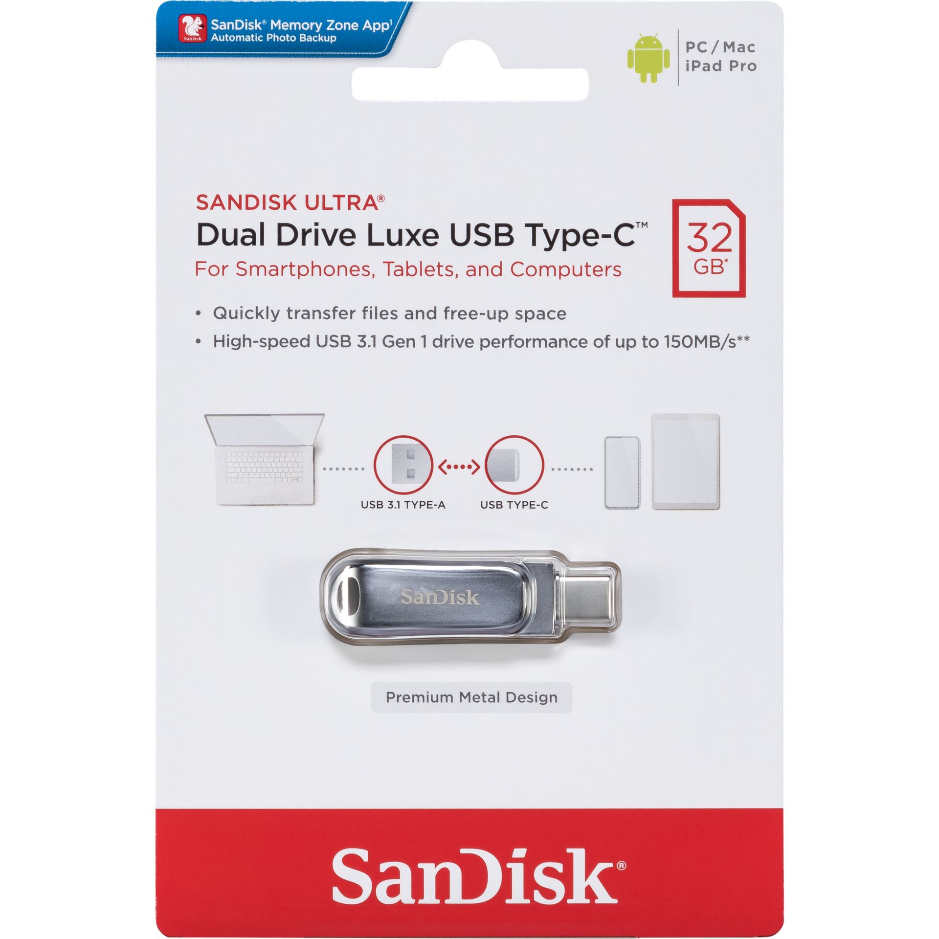 32 GB SanDisk Ultra Dual Drive Luxe USB-Stick, USB-A 3.0, USB-C 3.0, lesen: 150MB/s
