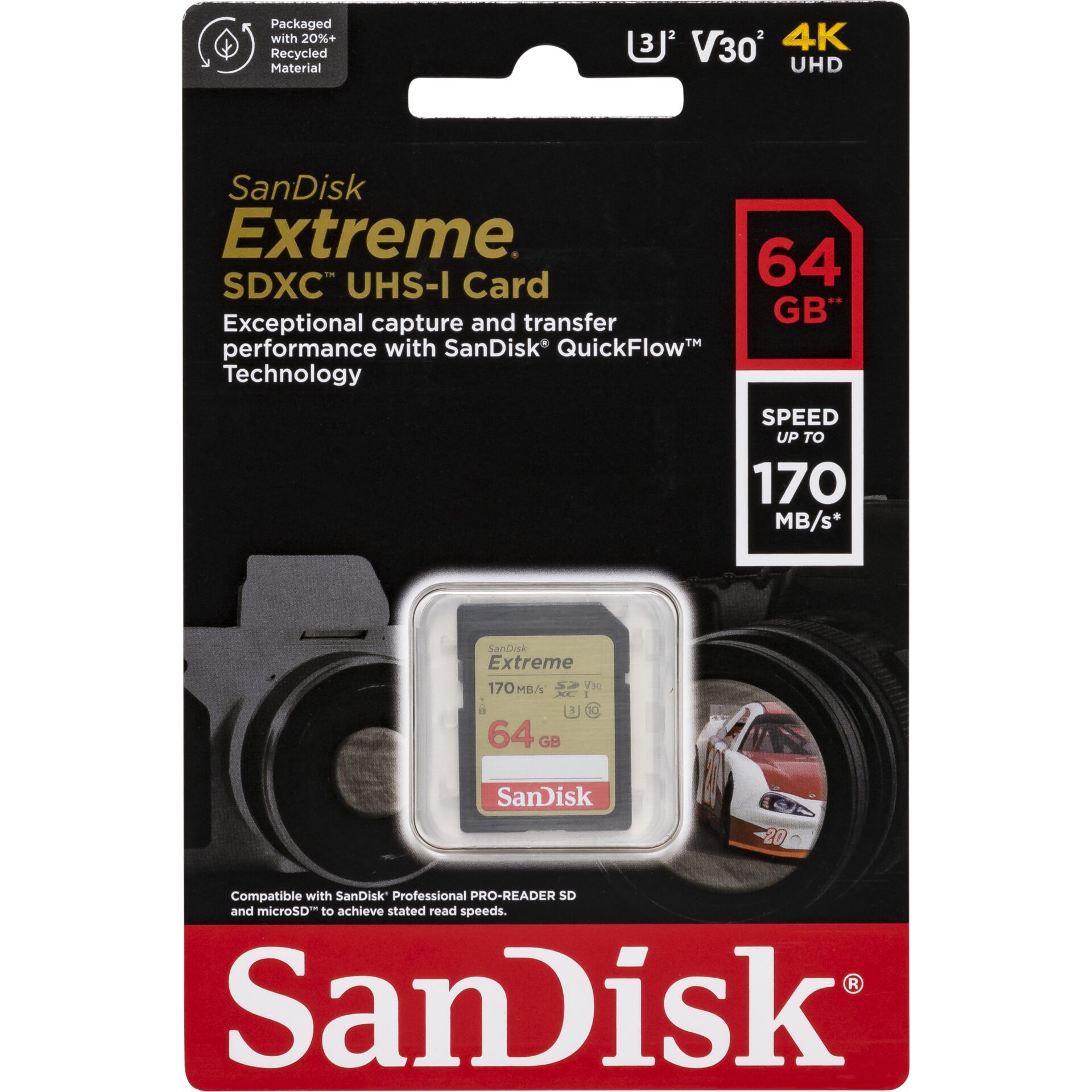 64 GB SanDisk Extreme SDXC Speicherkarte, lesen: 170MB/s, schreiben: 80MB/s