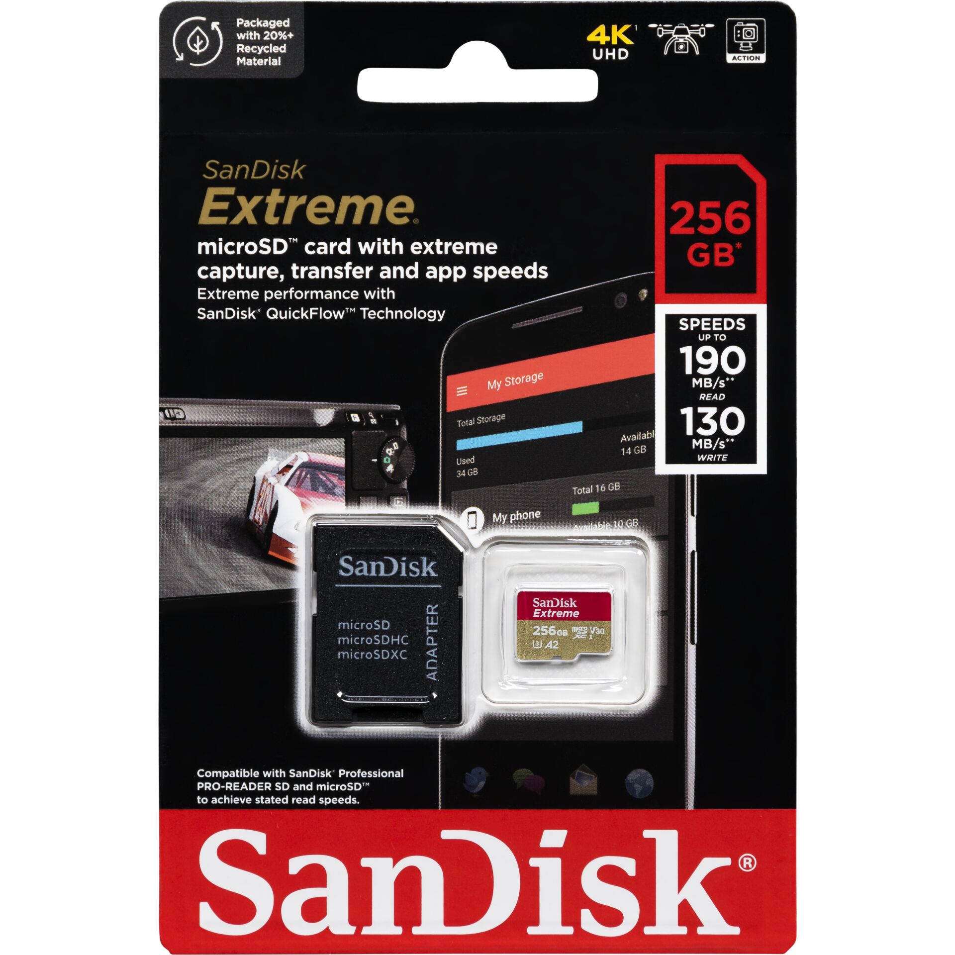 256 GB SanDisk Extreme microSDXC Kit Speicherkarte, USB-A 3.0, lesen: 190MB/s, schreiben: 130MB/s