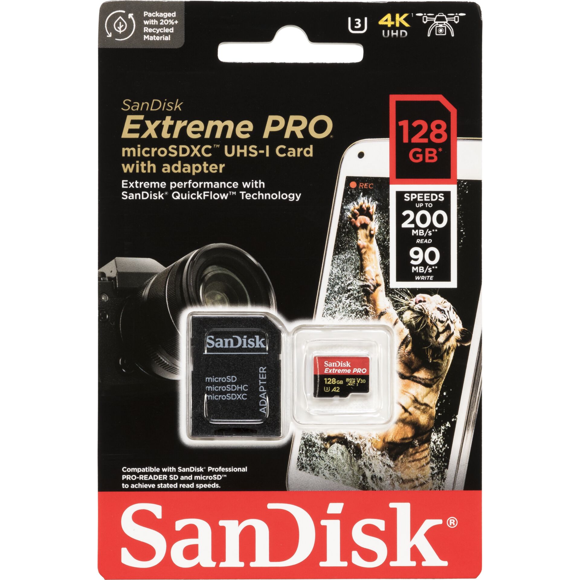 128 GB SanDisk Extreme PRO microSDXC Kit Speicherkarte, USB-A 3.1, lesen: 200MB/s, schreiben: 90MB/s