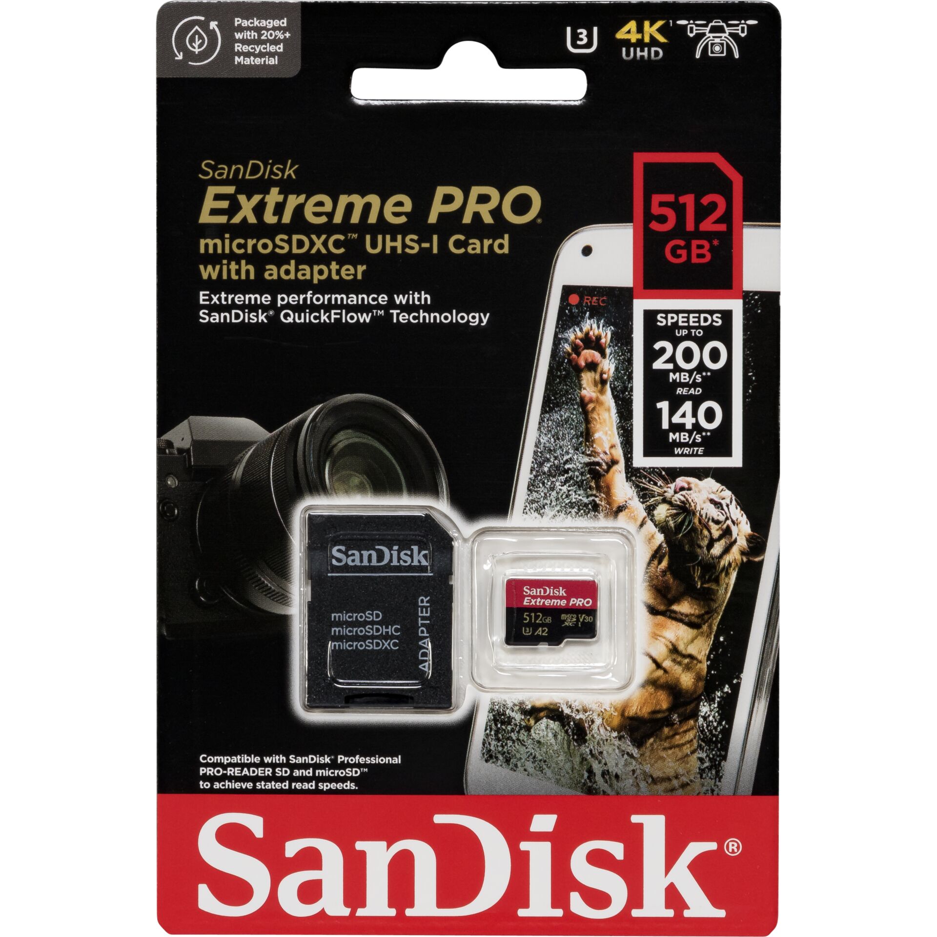 512 GB SanDisk Extreme PRO microSDXC Kit Speicherkarte, USB-A 3.1, lesen: 200MB/s, schreiben: 140MB/s