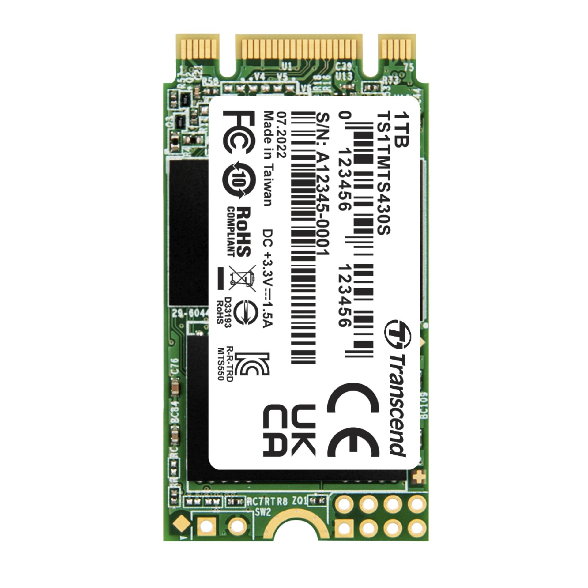 1.0 TB SSD Transcend MTS430S SSD, M.2/B-M-Key (SATA 6Gb/s), lesen: 560MB/s, schreiben: 520MB/s, TBW: 560TB