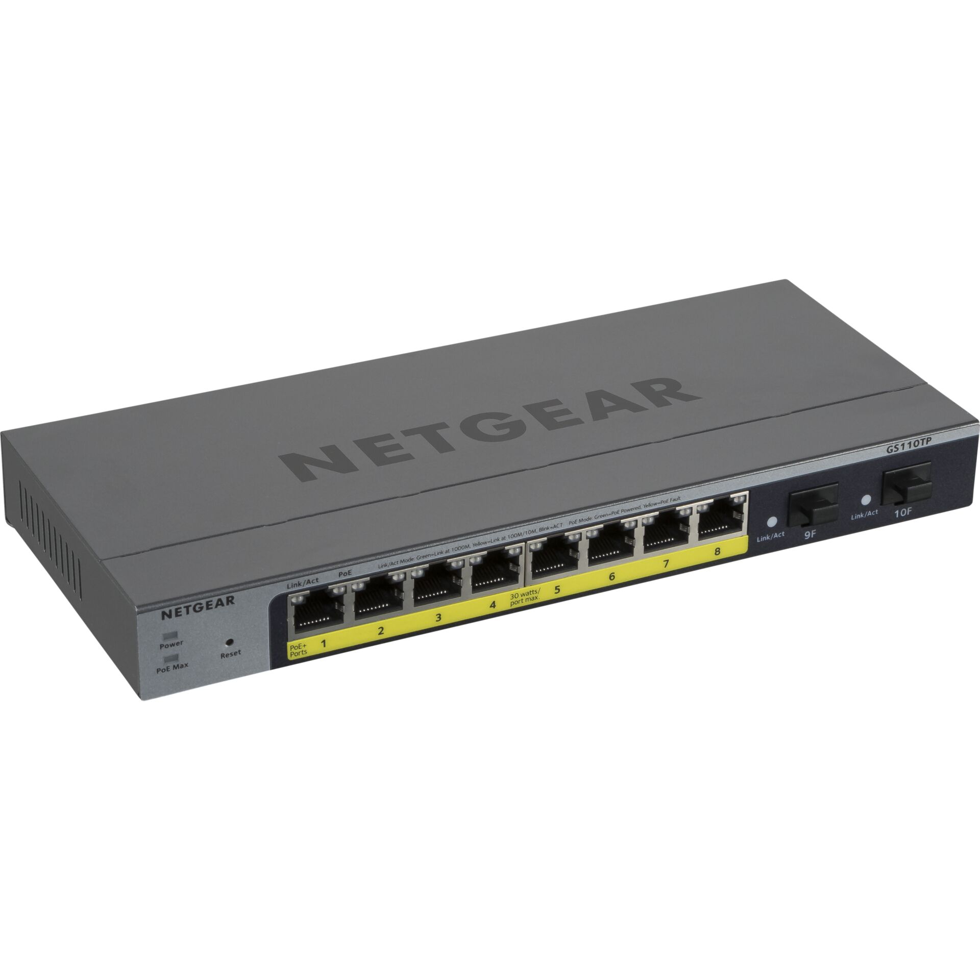 Netgear ProSAFE GS110 Desktop Gigabit Smart Switch, 8x RJ-45, 2x SFP, 55W PoE+, V3, Backplane: 20Gb/s