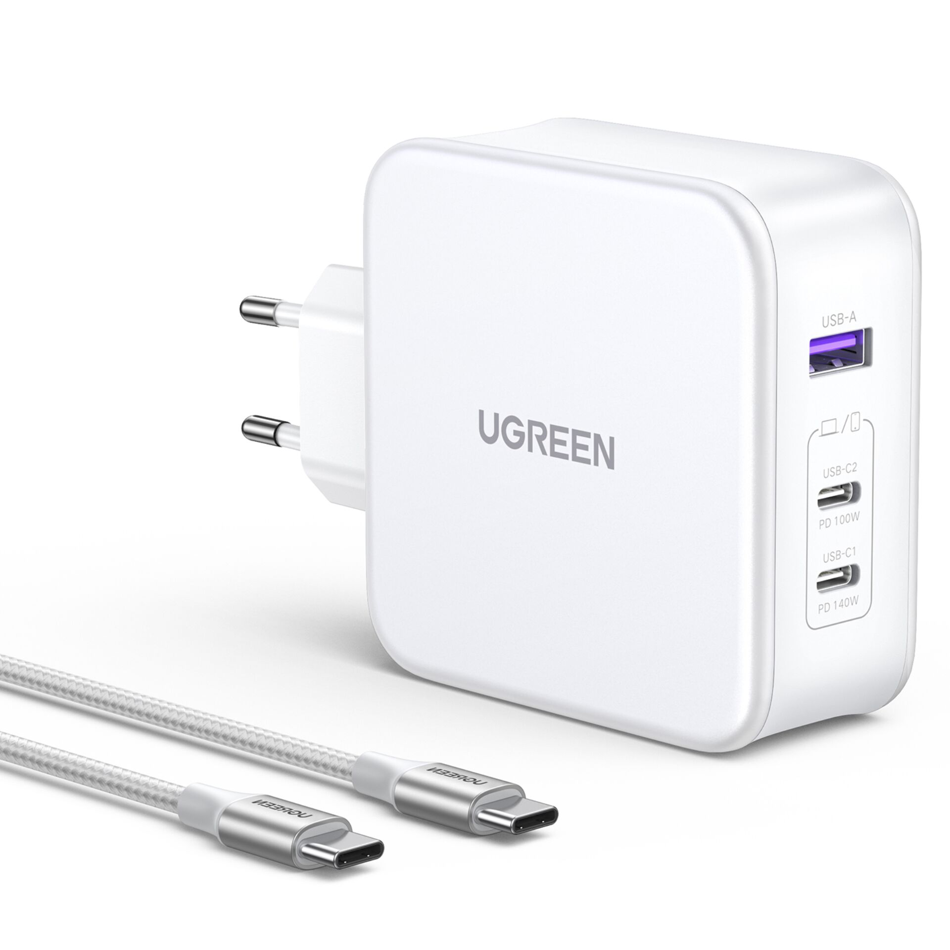 Ugreen Nexode 140W GaN USB-C Wall Charger 3-Ports + USB-C Cable weiß
