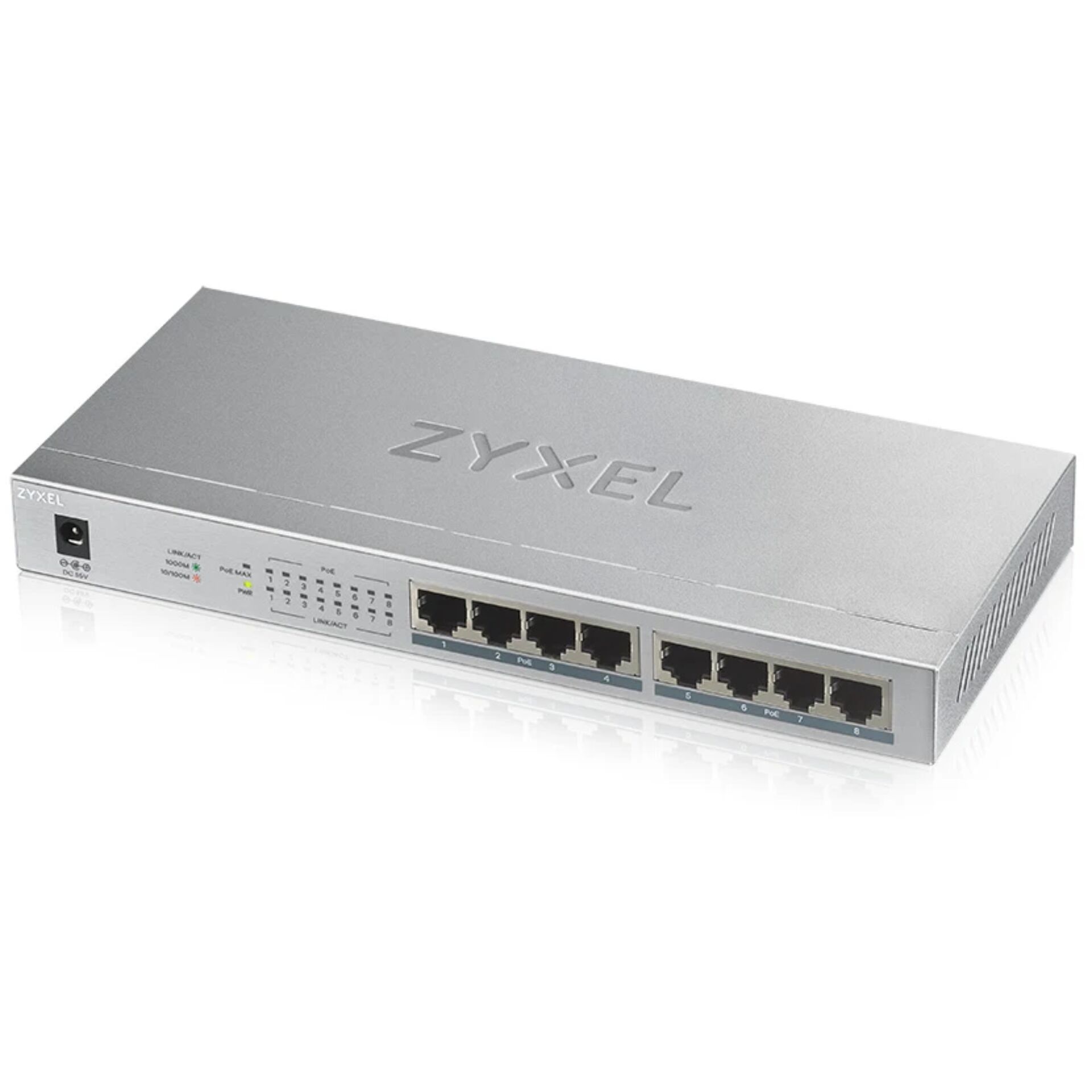ZyXEL GS1000 Desktop Gigabit Switch, 8x RJ-45, PoE+, Backplane: 16Gb/s, lüfterlos, Metallgehäuse
