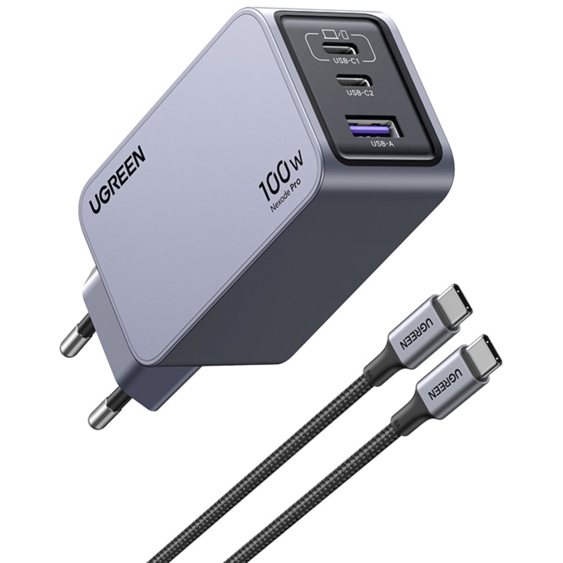 Ugreen Nexode Pro 100W USB-C Ladegerät 3-Ports Mini GaN Schnellladegerat schwarz/grau