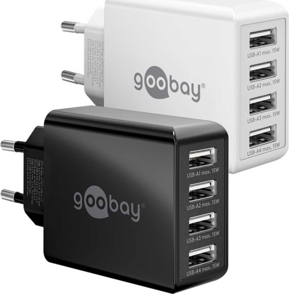 goobay 4-fach USB-Ladegerät (30W) weiß zum gleichzeitigen Aufladen von bis zu 4 Geräten
