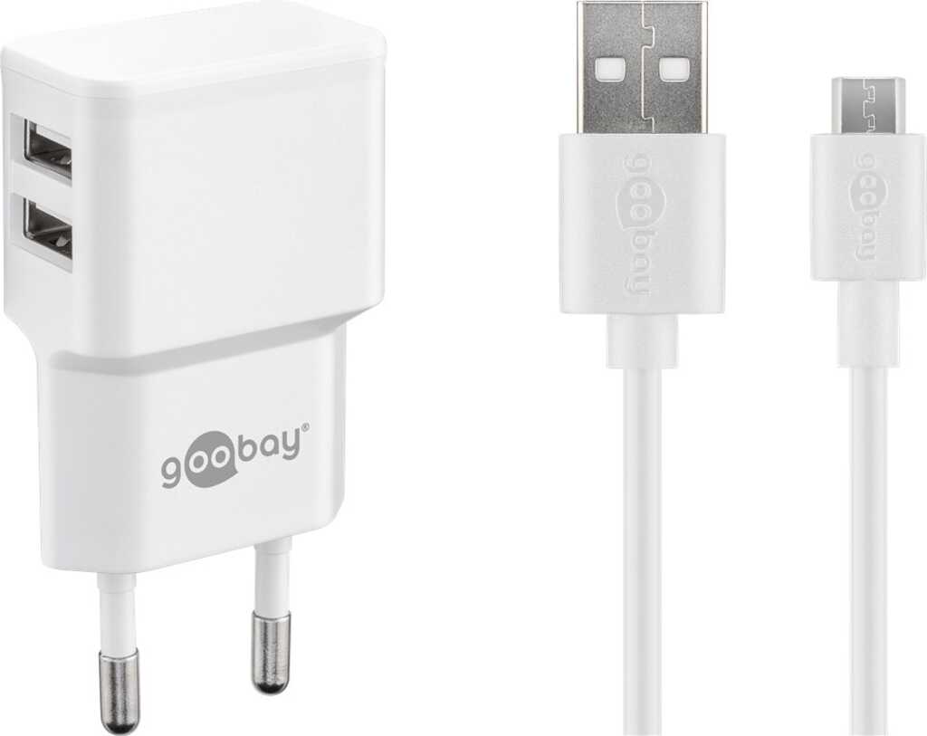 goobay 2,4 A USB 2.0-Netzteil Dual Set, weiss, inkl. 1m Micro USB Kabel