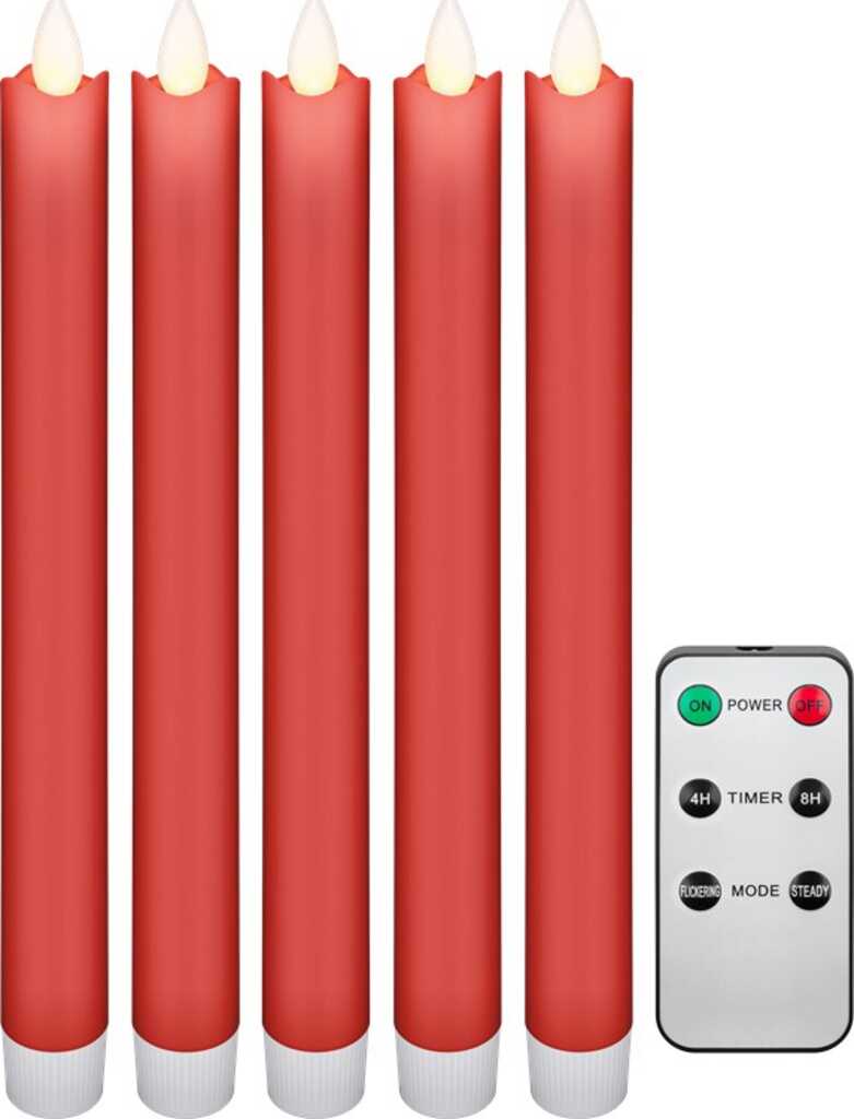 5er-Set rote LED Echtwachs Stabkerzen, Indoor, batteriebetrieben, inkl. Fernbedienung, ohne Deko