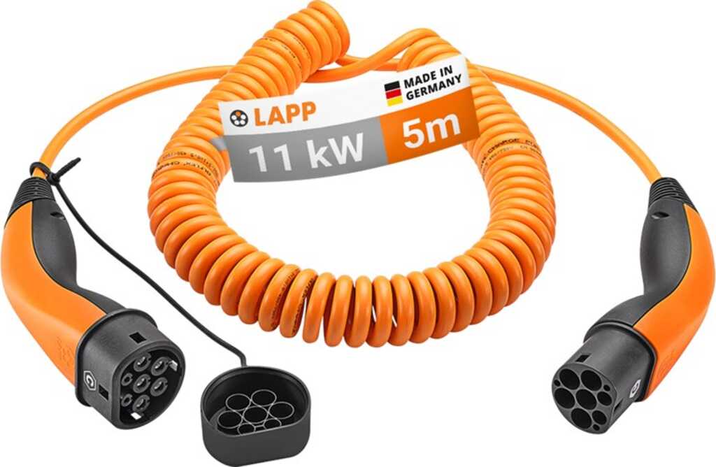 LAPP Spiral-Ladekabel Typ 2, bis zu 11 kW, 5m, Orange 20 A, 3-phasig, zum Laden von Hybrid- und Elektroautos