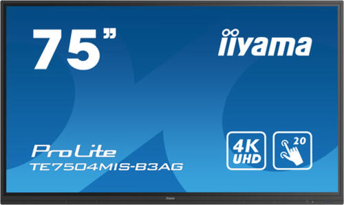 iiyama TE7504MIS-B3AG Signage-Display Interaktiver Flachbildschirm 190,5 cm (75) WLAN 400 cd/m 4K Ultra HD Schwarz Touchscreen Eingebauter Prozessor iiWare 9.0