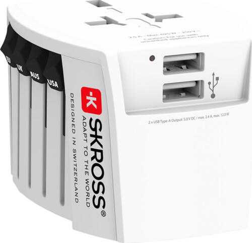 Skross World Adapter MUV USB 2xA kompakter 2-poliger Weltreiseadapter mit 2 integrierten USB-Anschlüsse