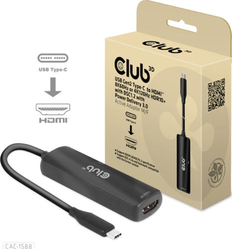 CLUB3D USB Gen2 Typ-C zu HDMI 8K60Hz oder 4K120Hz HDR10, DSC1.2, Power Delivery 3.0 Activ Adapter St./B.