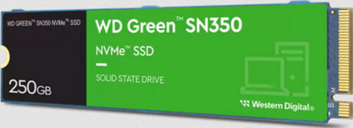 250 GB SSD Western Digital WD Green SN350 NVMe, M.2/M-Key (PCIe 3.0 x4), lesen: 2400MB/s, schreiben: 1500MB/s SLC-Cached, TBW: 40TB (entspricht TBW von 160TB pro TB Kapazität)