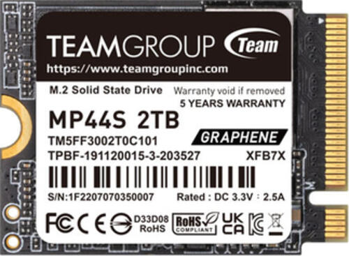 2.0 TB SSD TeamGroup MP44S, M.2/M-Key (PCIe 4.0 x4), lesen: 5000MB/s, schreiben: 3500MB/s SLC-Cached, TBW: 450TB