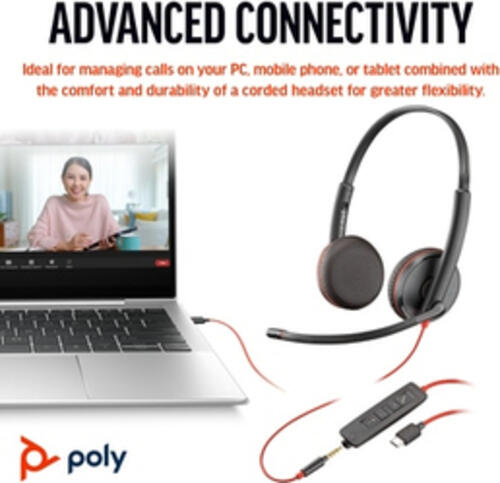 POLY Blackwire 3225 Stereo USB-C Headset +3.5mm Plug +USB-C/A Adapter