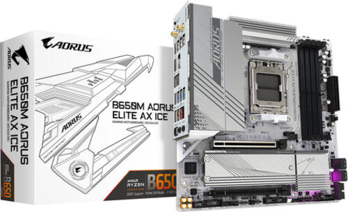 GIGABYTE B650M AORUS ELITE AX ICE Mainboard - AMD Ryzen 9000er-Serie, 12+2+2 Phasen VRM, bis zu 8000 MHz DDR5 (OC), 1xPCIe 5.0 + 1xPCIe 4.0 M.2, 2,5 GbE LAN, WIFI 6E, USB 3.2 Gen 2x2