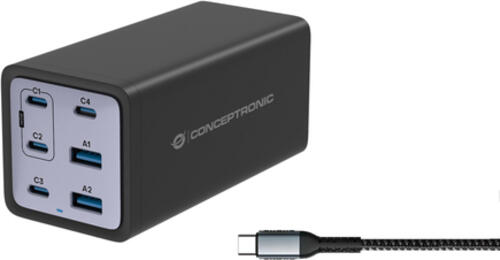 Conceptronic 6-Port 200W GaN USB-PD 3.1-Ladegerät mit USB-C-Ladekabel, USB-C x 4, USB-A x 2, QC 3.0, PD 3.1