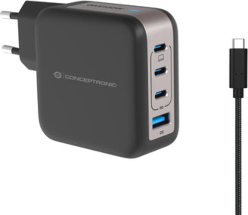 Conceptronic 4-Port 100W GaN USB-PD-Ladegerät mit USB-C-Ladekabel, USB-C x 3, USB-A x 1, QC 3.0, PPS
