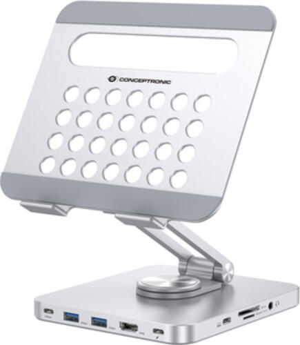 Conceptronic DONN26G Tablet-Ständer mit 8-in-1-Dockingstation, 360 drehbare Basis, faltbar, höhenverstellbar