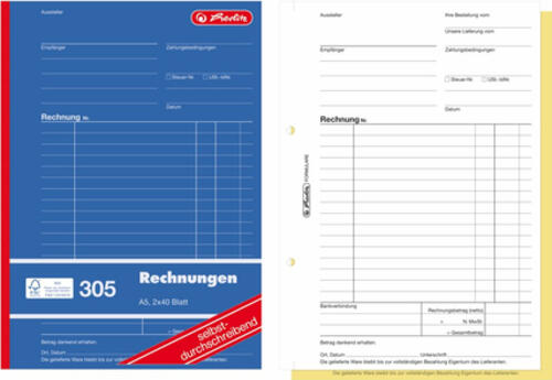 Herlitz Rechnungsbuch A5 305 2x40 Blatt selbstdurchschreibend 4er Packung FSC