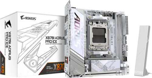 GIGABYTE X870I AORUS PRO ICE Mainboard - Unterstützt AMD Ryzen 9000er-Serie CPUs, 8+2+1 Phasen VRM, bis zu 8400 MHz DDR5 (OC), 1xPCIe 5.0 M.2 + 1xPCIe 4.0 M.2, WI-FI 7, 2,5 GbE LAN, USB 4