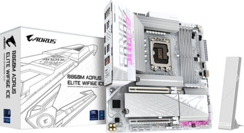 GIGABYTE B860M AORUS ELITE WF6E ICE Mainboard - Intel Core Ultra CPUs&comma; 12&plus;1&plus;2&plus;1 Phasen VRM&comma; bis zu 9200MHz DDR5&comma; 1xPCIe 5&period;0 &plus; 2xPCIe 4&period;0 M&period;2&comma; 2&comma;5 GbE LAN&comma; WIFI 6E&comma; USB 4