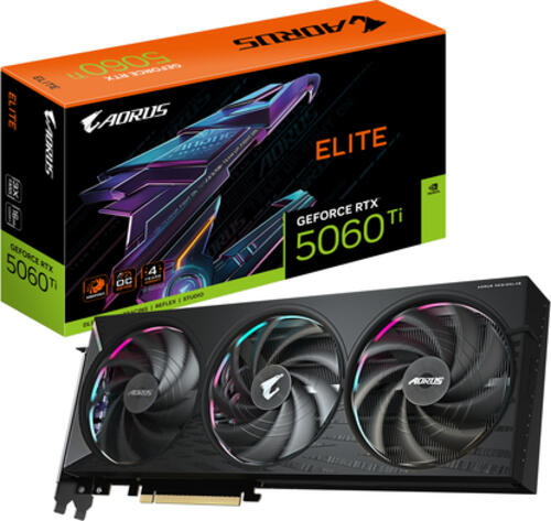 GIGABYTE AORUS GeForce RTX 5060 Ti ELITE 16G Grafikkarte &ndash; 16 GB GDDR7&comma; 128 Bit&comma; PCI-E 5&period;0&comma; 2722 MHz Kernfrequenz&comma; 3 x DisplayPort&comma; 1 x HDMI&comma; GV-N506TAORUS E-16GD