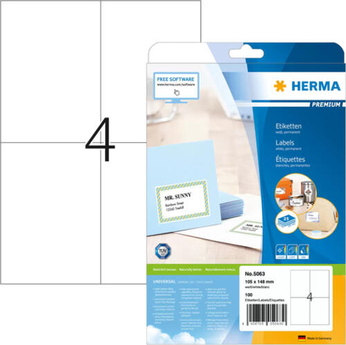 HERMA Etiketten Premium A4 105x148 mm weiß Papier matt 100 St.