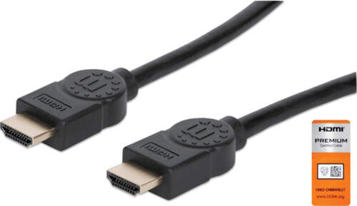Manhattan Zertifiziertes Premium High Speed HDMI-Kabel mit Ethernet-Kanal, 4K@60Hz, HEC, ARC, 3D, 18 Gbit/s Bandbreite, HDMI-Stecker auf HDMI-Stecker, geschirmt, schwarz, 9 m