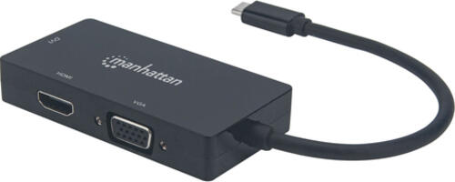 Manhattan USB-C 3-in-1 Multiport A/V-Konverter, USB Typ C-Stecker auf DVI-, HDMI- oder VGA-Buchse, 4K@30Hz auf HDMI-Port, 1080p auf VGA- und DVI-Ports, schwarz