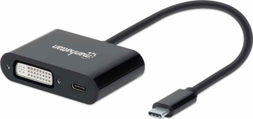 Manhattan USB-C auf DVI-Konverter mit Power Delivery-Ladeport, 1920x1200@60Hz-Auflösung, Power Delivery-Port (PD) mit bis zu 60 W (3 A/20 V), schwarz
