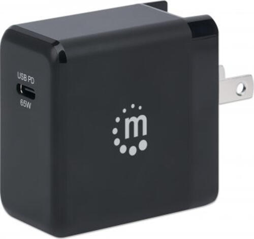 Manhattan GaN Power Delivery USB-Ladegerät 65 W, USB-Netzteil mit ultrakompakter GaN-Technologie, USB-C Power Delivery-Port (PD 3.0) mit bis zu 65 W, auswechselbare Stecker für EU, UK & US, schwarz
