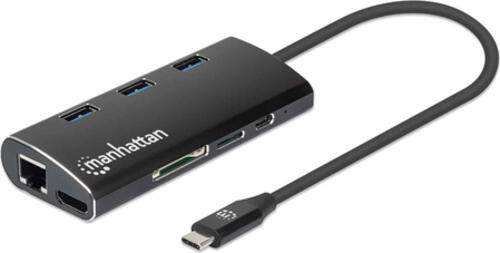 MANHATTAN USB 3.2 Gen 1 USB-C Multiport-Adapter USB-C auf HDMI 3x USB-A auf der Oberseite USB-C PD- RJ45-Port SD/MicroSD Card Reader